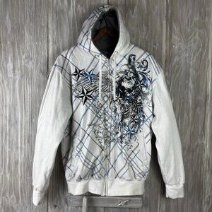 VTG Sapphire Lounge Y2K Tribal White Full Zip Hoodie Mens S Sherpa Skate Skull